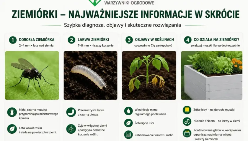 Mała, czarna muszka, czyli ziemiórka, lata wokół roślin. Larwa ziemiórki w ziemi niszczy korzenie, powodując więdnięcie i żółknięcie liści.
