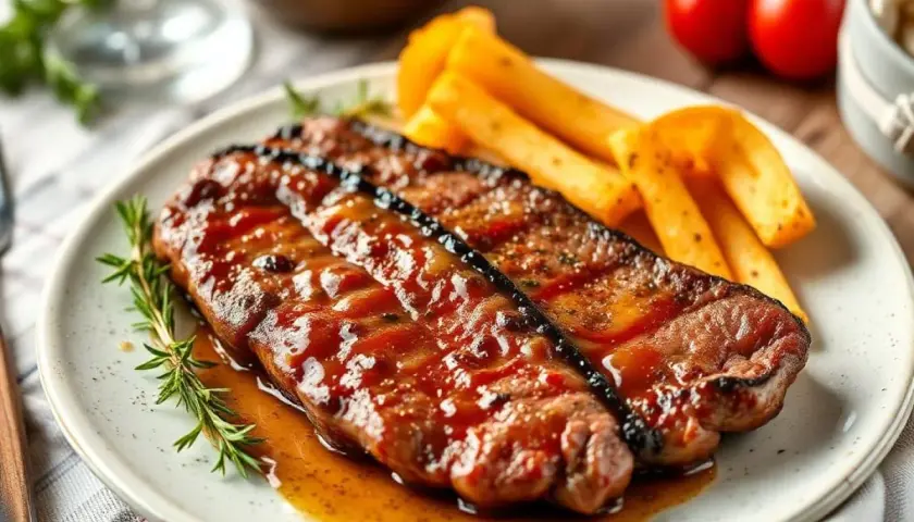 Délicieux rumsteak recette, nappé d'une sauce savoureuse, servi avec des frites croustillantes et une touche de romarin frais.