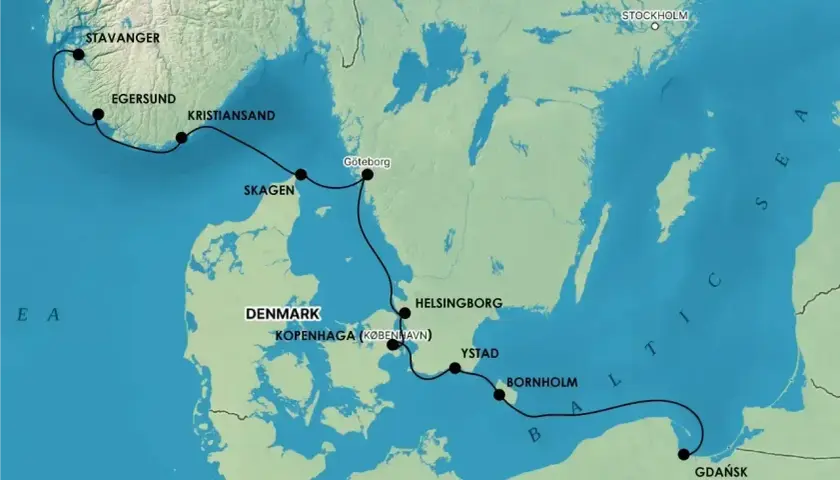 Trasa podróży samochodem do Szwecji przez Danię i Morze Bałtyckie, z przystankami w Kopenhadze, Ystad i Bornholmie, a następnie do Gdańska.