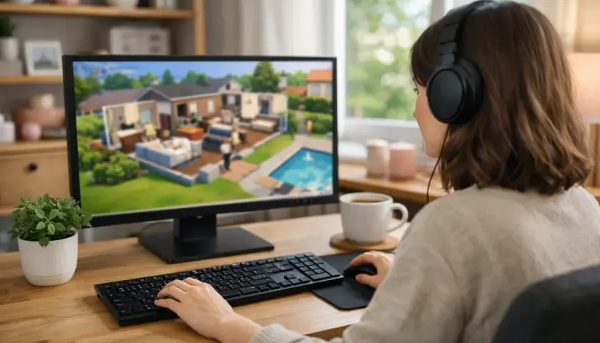 Une personne joue aux Sims 4 sur son PC, configurant une maison avec piscine.