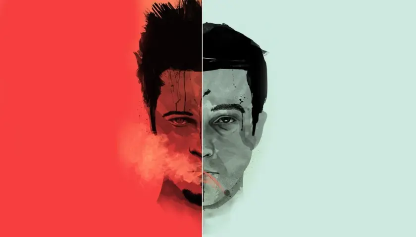 Volti divisi in due, rosso e grigio, che evocano il fight club significato psicologico della dualità e della lotta interiore.