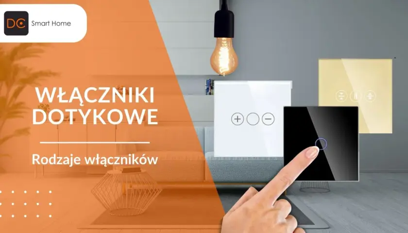 Różne rodzaje włączników światła: dotykowe, szklane, z ikonami plus, minus i okręgu.