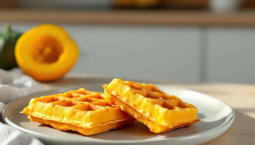 Deux gaufres lyonnaises dorées sur une assiette, avec une courge coupée en deux en arrière-plan.