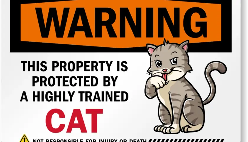 Warning sign: "This property is protected by a highly trained CAT." A cartoon cat is shown with its paw near its mouth, as if in a moment of cat head pressing contemplation.