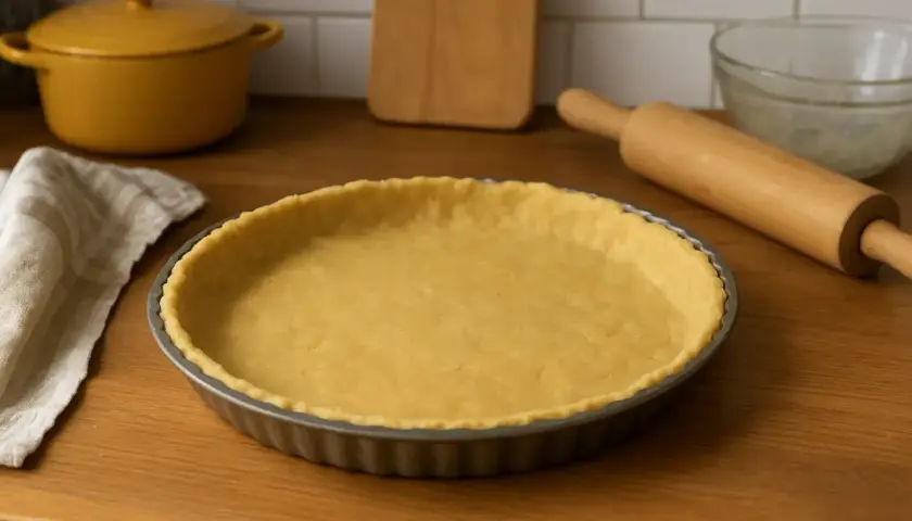 Une pâte brisée sans beurre, prête à être garnie, repose dans un moule à tarte. Un rouleau à pâtisserie et une serviette sont à proximité.