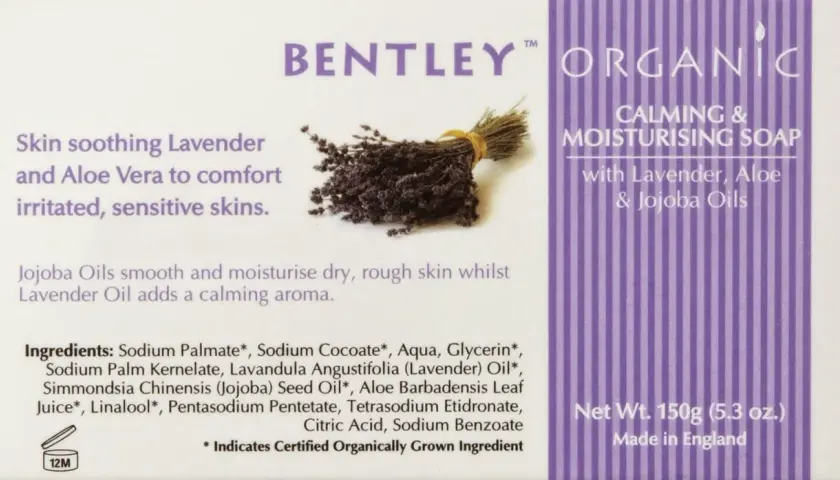 Mydło Bentley Organic z lawendą i aloesem. Składniki: Sodium Palmate, Tetrasodium Etidronate, lawenda, aloes.