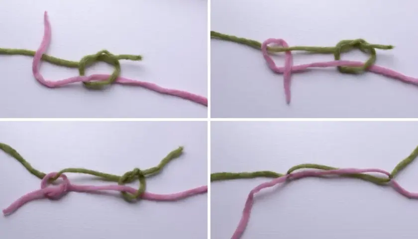 Instruktioner för att knyta en knut med rosa och grönt garn. Som en elegant knut i en sleek bun.