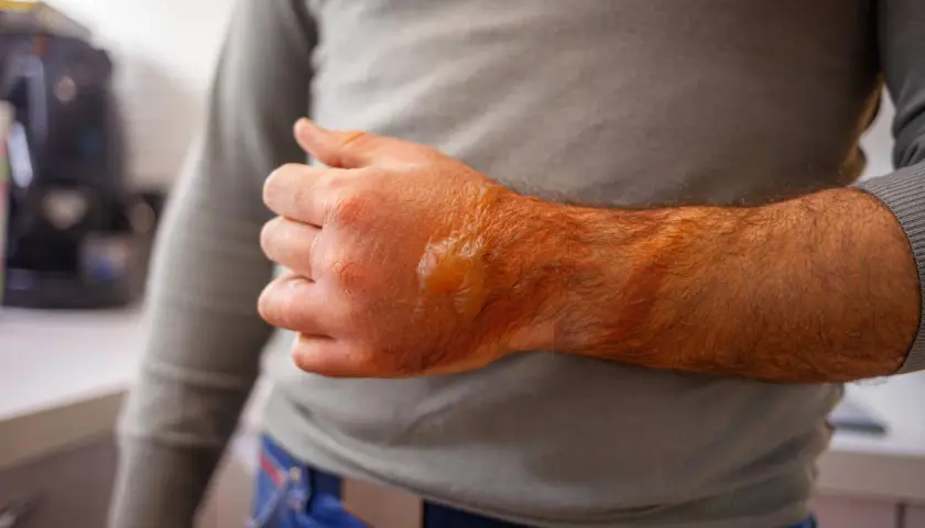 Verbrannte Haut am Unterarm und Handrücken, die braun und geschwollen ist, mit einer Blase.