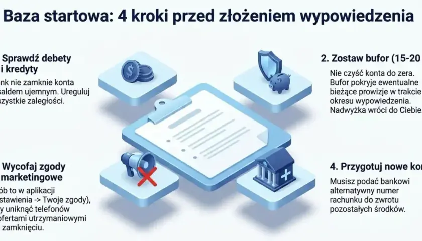 Wniosek o zamknięcie konta bankowego wzór: 4 kroki przed wypowiedzeniem. Sprawdź debety, zostaw bufor, wycofaj zgody marketingowe i przygotuj nowe konto.