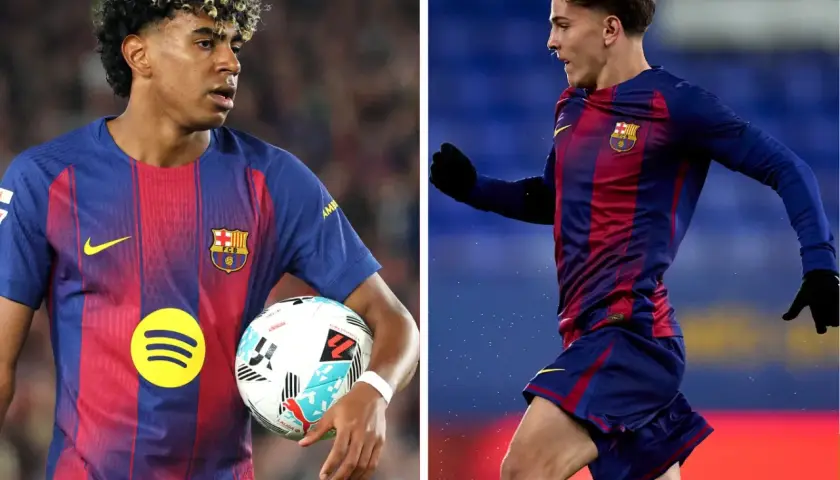 Dwóch młodych piłkarzy FC Barcelona w strojach klubowych. Jeden z nich trzyma piłkę, drugi biegnie. Obaj są ważnymi graczami, a ich potencjalne FC Barcelona kontuzje martwią kibiców.