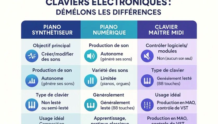 Tableau comparatif des claviers électroniques : synthétiseur, piano numérique ou clavier maître MIDI.
