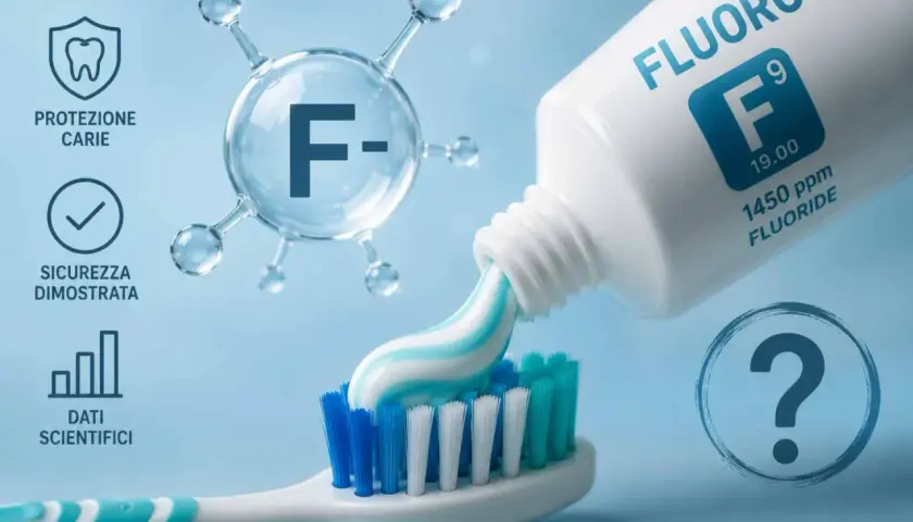 Dentifricio al fluoro esce dal tubetto su uno spazzolino. Icone indicano protezione carie, sicurezza e dati scientifici. Il fluoro fa male?
