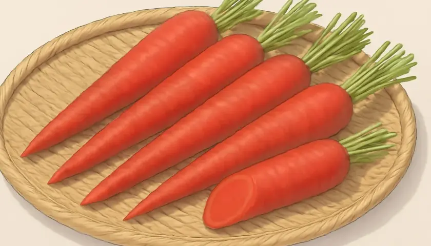 A woven tray holds five vibrant, fresh japanese carrot roots with green tops. One carrot is sliced, revealing its bright orange interior.