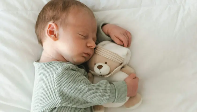 Śpiące niemowlę tuli misia. Wkrótce odkryje świat dzięki kolorowym książeczkom sensorycznym.
