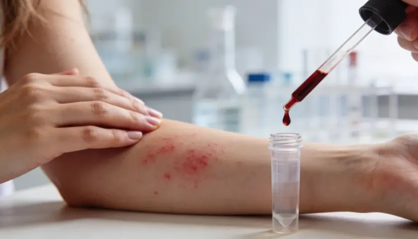 Hautirritationen am Arm, die auf eine innere Hitze Allergie hindeuten. Ein Tropfen Blut fällt aus einer Pipette in ein Röhrchen.