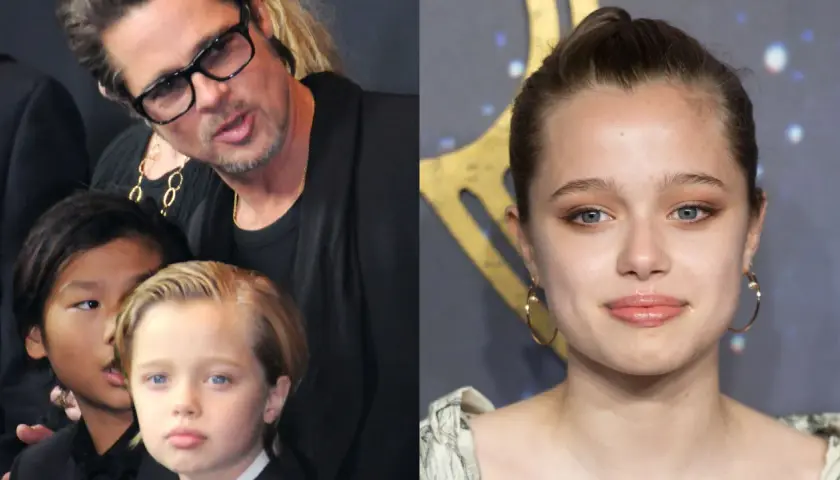 Brad Pitt z dziećmi. Na zdjęciu widać aktora w okularach, a obok niego dwójkę jego dzieci. Po prawej stronie ujęcie twarzy nastoletniej córki.