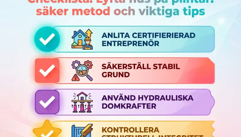 Checklista för att lyfta hus med domkraft: Anlita proffs, säkerställ grunden, använd hydrauliska domkrafter och kontrollera strukturen.