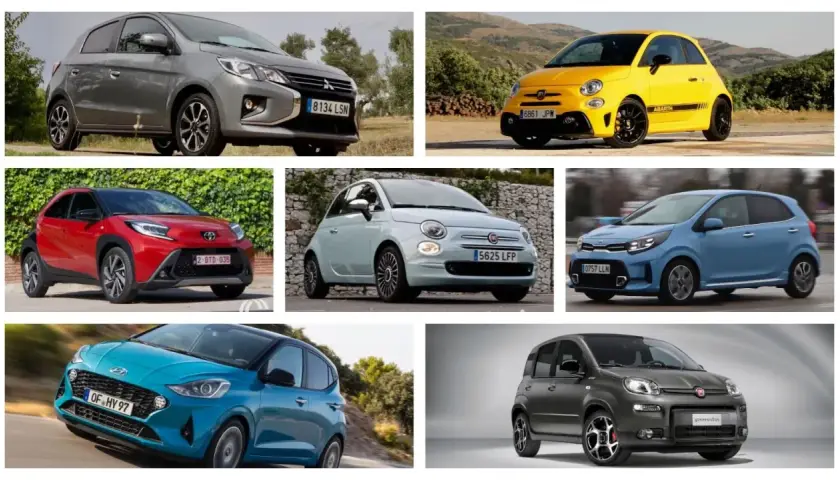 Colección de coches urbanos: un Mitsubishi gris, un Abarth amarillo, un Toyota rojo, un Fiat 500 azul claro, un Kia azul, un Hyundai azul y un Fiat Panda gris.