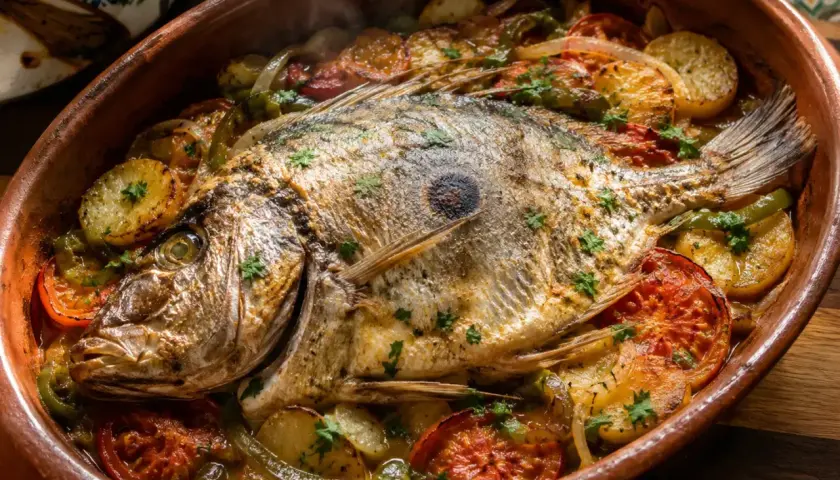 Pez San Pedro horneado con patatas, tomates y pimientos en una cazuela de barro.
