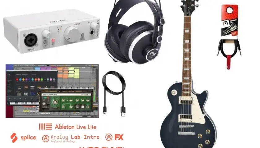 Potrzebne do gitary elektrycznej: gitara, słuchawki, interfejs audio, kable, oprogramowanie muzyczne.
