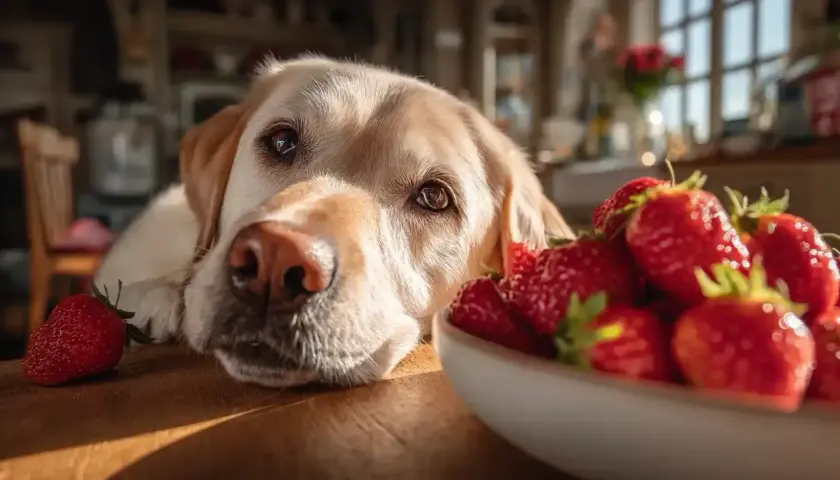 A golden retriever looks longingly at a bowl of strawberries, wondering if dogs can eat strawberry tops.