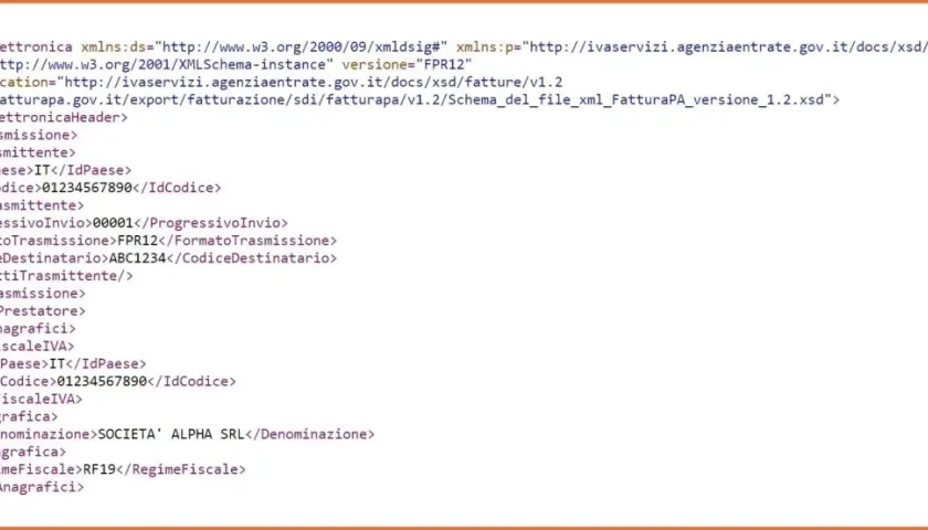 Codice XML per aprire fatture elettroniche, con dettagli su mittente, destinatario e dati anagrafici.