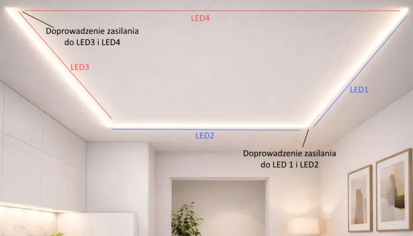 Oświetlenie sufitowe zasilane z dwóch stron. Linie czerwona i niebieska pokazują doprowadzenie zasilania do taśm LED.