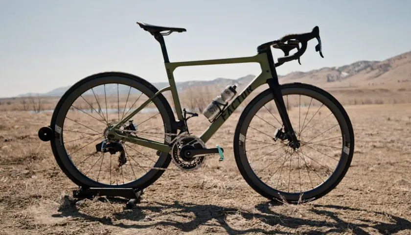 A Factor Vista bike stands ready for adventure in a dry, open landscape.