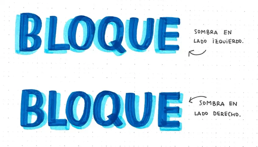 Dos ejemplos de la palabra "BLOQUE" con **sombras de letras** en azul. La primera tiene sombra a la izquierda, la segunda a la derecha.