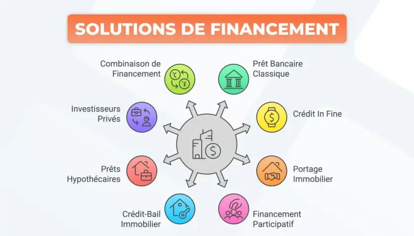 Schéma des solutions de financement : prêt terrain, prêts hypothécaires, crédit-bail, portage immobilier, crédit in fine, prêt bancaire, investisseurs privés, combinaison de financement.