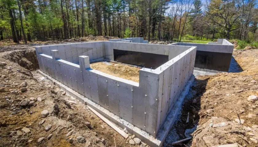 Solidny ruszt fundamentowy z betonu, gotowy na budowę domu. Otoczony ziemią i drzewami, czeka na kolejne etapy prac.