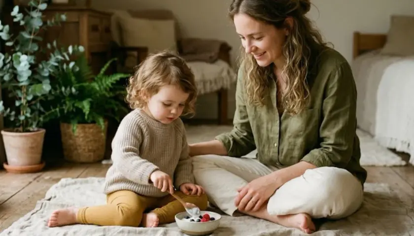 Mama karmi dziecko owocami, dbając o jego zdrowie. To idealny moment na probiotyk dla dzieci, wspierający trawienie.