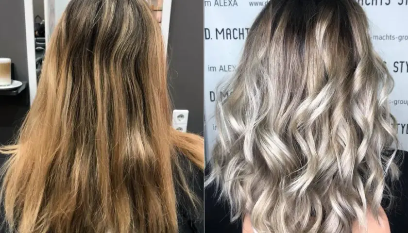 Vorher/Nachher-Vergleich: Blondierung verwandelt strohiges, orangenes Haar in glänzende Wellen.