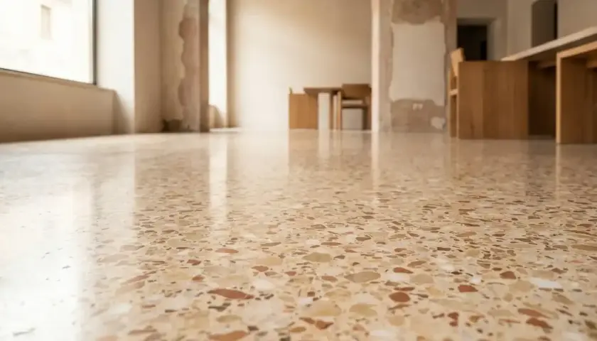 Pavimentazione terrazzo lucida con inserti colorati, che riflette la luce in un ambiente con archi e arredi in legno.