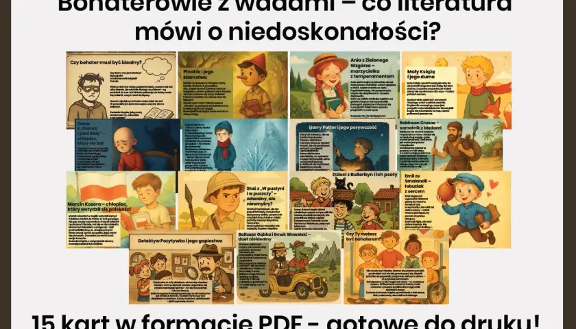 Ilustracje przedstawiają bohaterów literackich, ukazując różne typy temperamentów. Od Pinokia po Harry'ego Pottera, literatura pokazuje, że niedoskonałości czynią postacie interesującymi.