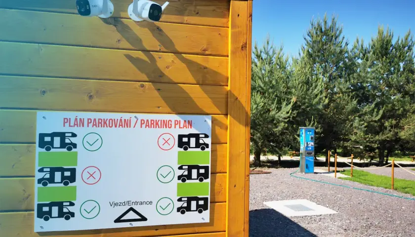 Tablica z planem parkowania dla kamperów, z zaznaczonymi miejscami dozwolonymi i zakazanymi. Dwie kamery monitoringu nadzorują teren.