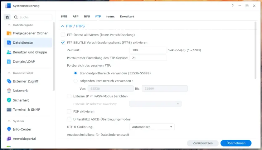 Synology NAS: Zugriff auf Dateidienste über FTP/FTPS im Heimnetzwerk konfigurieren. SSL/TLS-Verschlüsselung ist aktiviert.