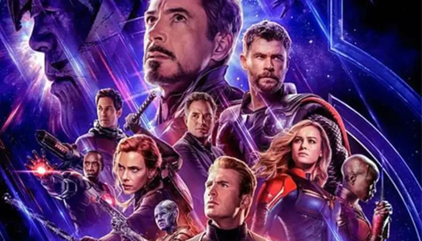 Affiche des films de la série Marvel Entertainment : Iron Man, Thor, Captain America, Black Widow, Hulk, Captain Marvel et Thanos.