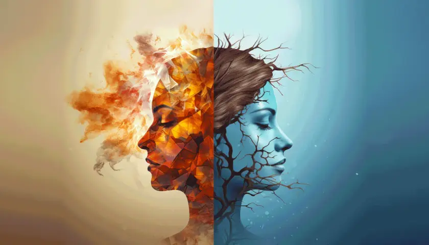 Volto diviso: metà fuoco e calore, metà ghiaccio e rami secchi. Un bipolare può vivere da solo, affrontando le sue dualità.
