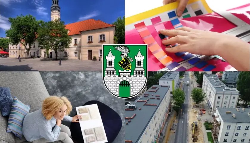 Kolaż: ratusz, próbki kolorów, kobieta z próbkami materiałów, ulica w budowie, herb Zielonej Góry.