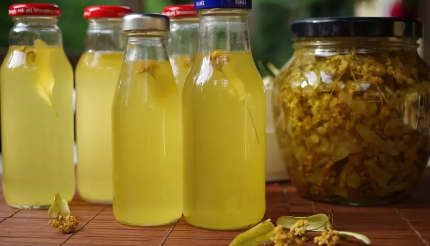 Butelki z domowym syropem z lipy, obok słoik z kwiatami lipy. Naturalny, orzeźwiający napój.