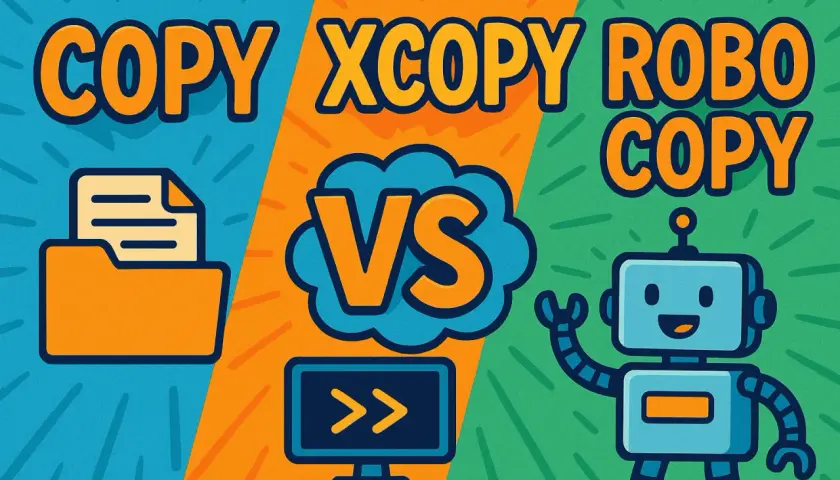 Vergleich von xcopy vs robocopy: Ordner-Symbol und Roboter-Symbol stehen sich gegenüber.