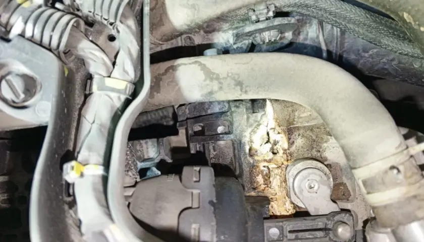Aquí se muestra la ubicación de la válvula EGR en un Citroën C5, con corrosión visible.