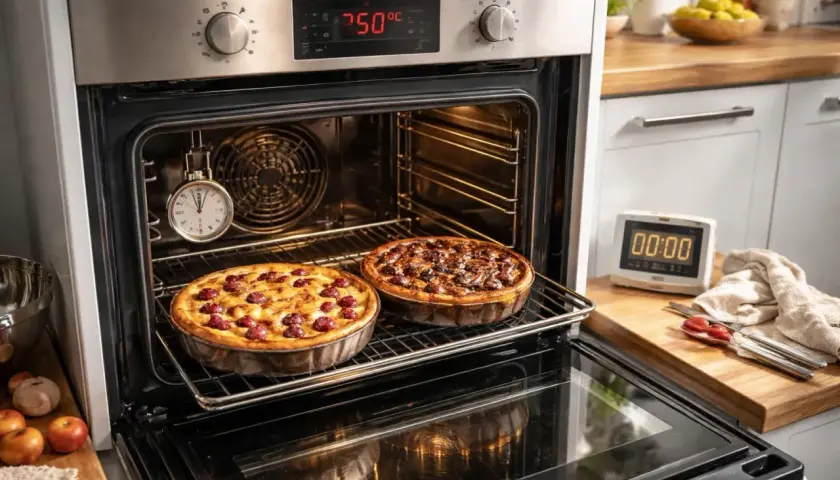 Deux clafoutis aux cerises et aux fruits rouges cuisent dans un four à chaleur tournante. Un minuteur est suspendu à l'intérieur.