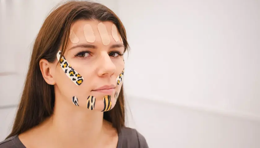 Kobieta z kolorowymi plastrami na twarzy, eksperymentująca z kinesiotapingiem twarzy efekty.