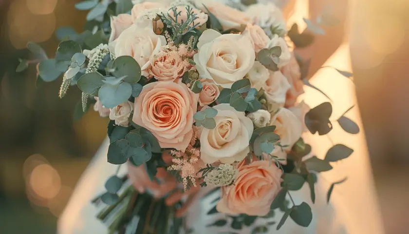 Un joli petit bouquet mariage civil, composé de roses pêche et crème, d'eucalyptus et de petites fleurs blanches, tenu par une mariée.