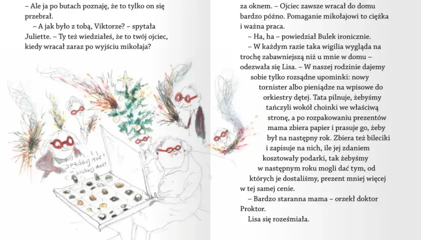 Ilustracja z książki "Jo Nesbø dla dzieci" przedstawia rodzinne święta z zabawnymi postaciami i prezentami.
