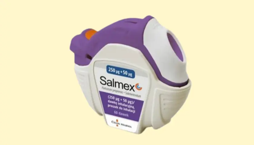 Fioletowo-biały inhalator Salmex, zawierający lek na astmę.
