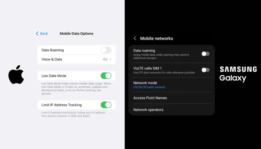 Ustawienia iPhone i Samsung Galaxy pokazują opcje roamingu danych. Dowiedz się, jak wyłączyć roaming w Plusie, aby uniknąć dodatkowych opłat.
