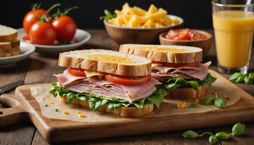 Deux sandwichs froids appétissants avec jambon, fromage, tomate et laitue sur du pain grillé. Un verre de jus d'orange et des tomates fraîches complètent ce repas.